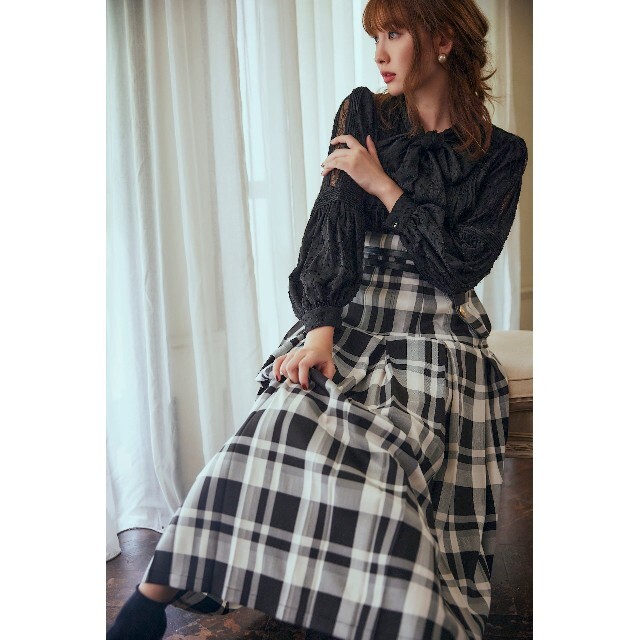 68ヒップPleated Checkered Twill Long Skirt