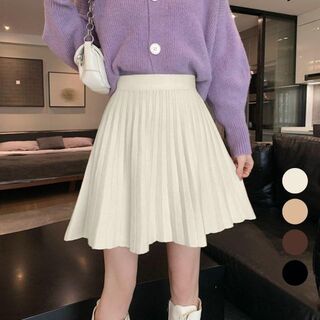 ♑プリーツスカート 編み ■アイボリー　レディース韓国ファッション15%OFF中(ミニスカート)