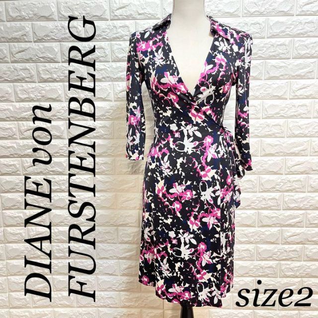 美品 DVF シルク100% 総柄 ブラック ピンク ワンピース サイズ2 M