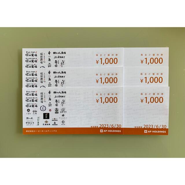 エーピーホールディングス APホールディングス 株主優待券  6000円分  チケットの優待券/割引券(レストラン/食事券)の商品写真