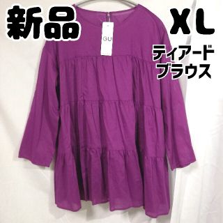 ジーユー(GU)の新品 未使用 GU ティアードブラウス 7分袖 パープル XL(シャツ/ブラウス(長袖/七分))