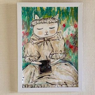 絵画 。壁掛け絵【ヨーロッパ風、庭で花見をして本を読んでいるかわいい白猫ちゃん】(絵画/タペストリー)