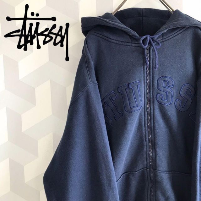 STUSSY - 【old stussy】刺繍ロゴジップスウェットパーカーネイビー