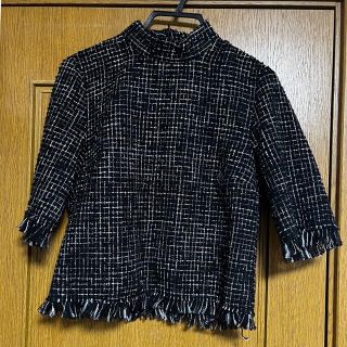 ザラ(ZARA)のZARA ツイード　トップス　五部袖　黒(カットソー(長袖/七分))