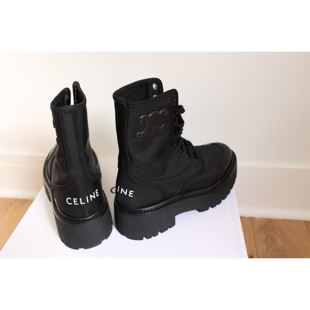 37 CELINE バルキー レースアップブーツ ナイロン＆シャイニーブル