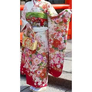 美品 振袖フルセット 成人式 正絹 ネイビー 紺 ラメ 熨斗目柄 別途草履