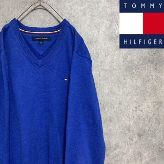 トミーヒルフィガー(TOMMY HILFIGER)の00S トミーヒルフィガー コットンニット セーター　メンズ　L 青　古着　刺繍(ニット/セーター)