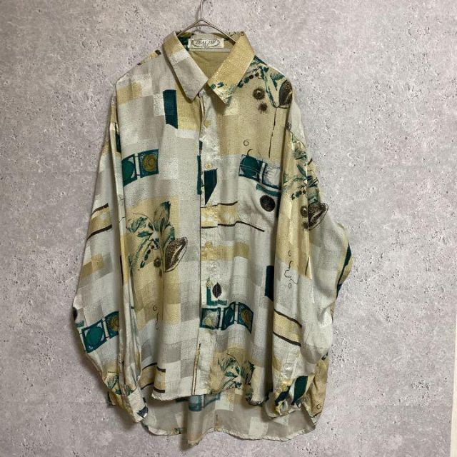 90S 総柄シャツ　シルクシャツ　　長袖　メンズL マルチカラー　菅田将暉在庫管理長袖柄シャツ1