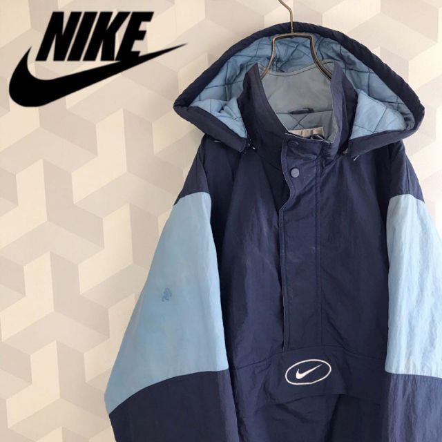 90s NIKE 銀タグ 刺繍 センターロゴ ハーフジップ ナイロンジャケット-