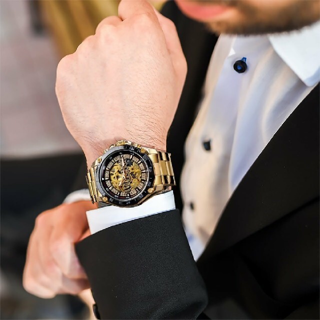 新品 送料無料 3D ゴールド フルスケルトン 自動巻き 機械式 腕時計 ラッパ