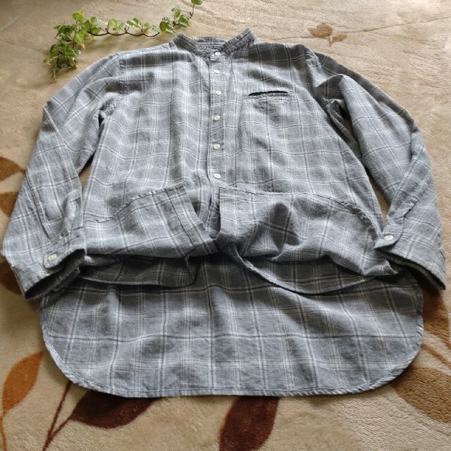 WEGO(ウィゴー)の*BROWNY/WEGO*ノーカラーシャツ/薄灰チェック(M)/ポケット付き メンズのトップス(シャツ)の商品写真