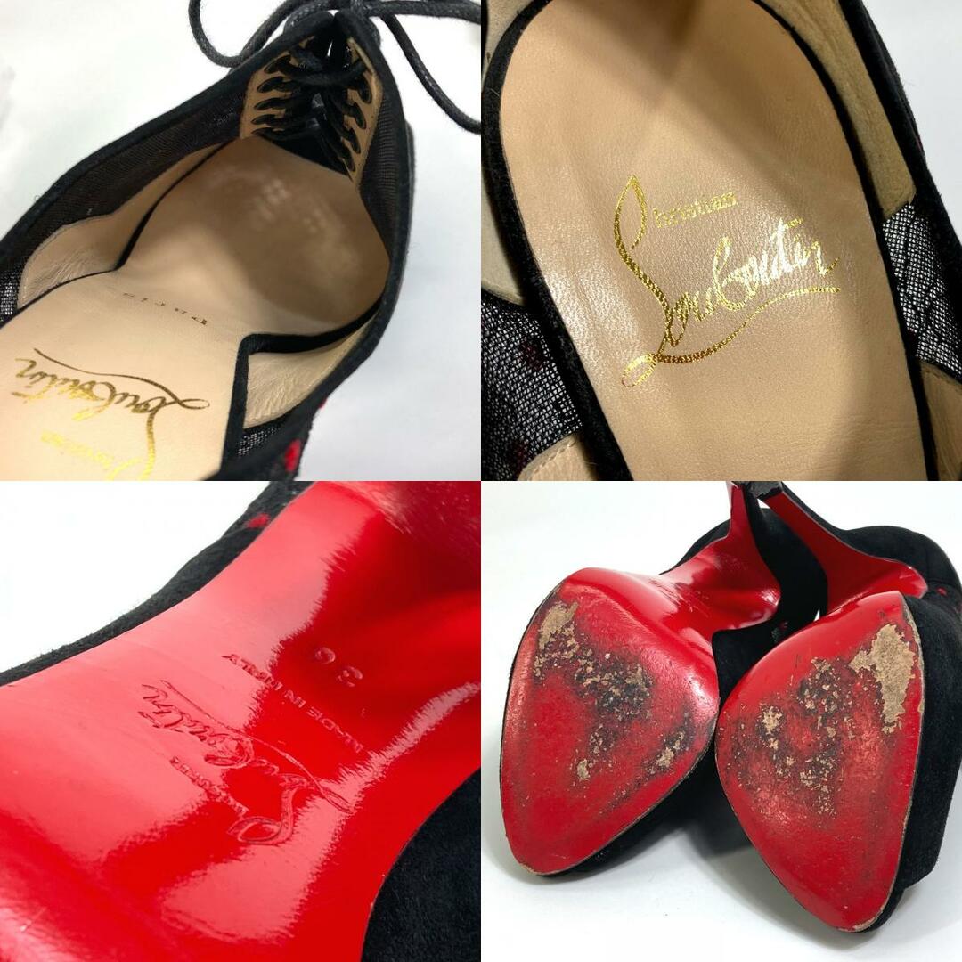 クリスチャンルブタン Christian Louboutin ドット柄 レース オープントゥ ハイヒール パンプス スエード ブラック×レッド