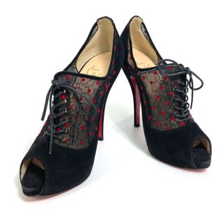 クリスチャンルブタン(Christian Louboutin)のクリスチャンルブタン Christian Louboutin ドット柄 レース オープントゥ ハイヒール パンプス スエード ブラック×レッド(ハイヒール/パンプス)