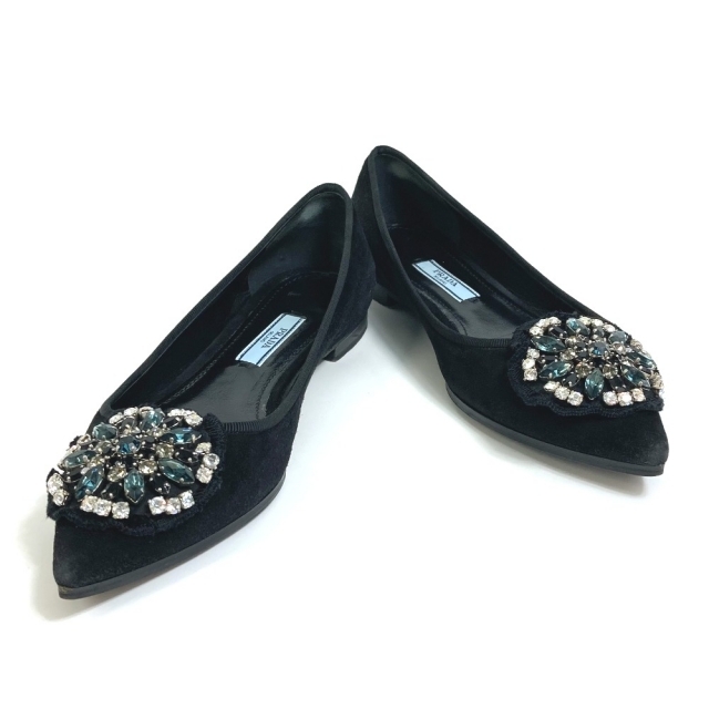プラダ PRADA ビジューフラワー フラット 靴 パンプス スエード