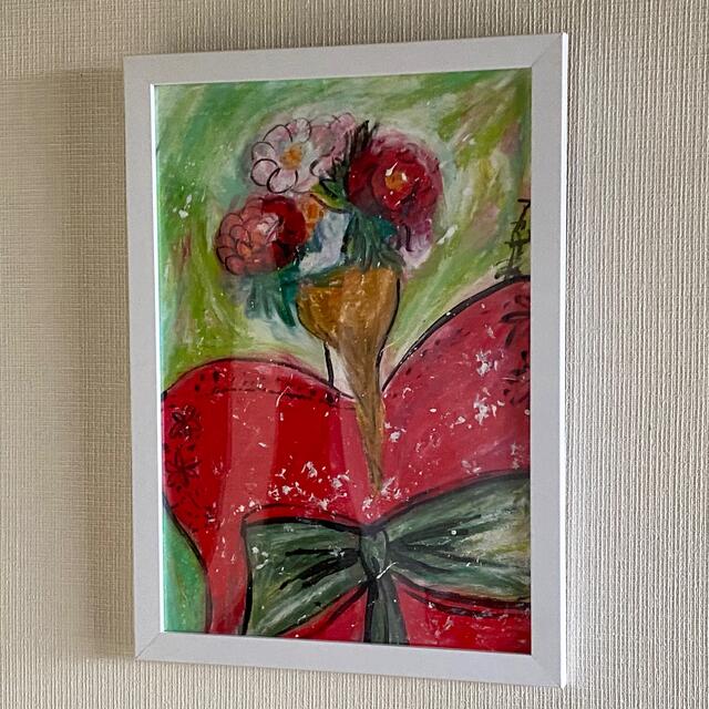 絵画 。壁掛け絵原画【美しい花輪をかぶって赤いドレスを着ている少女】の通販 by アカザ麦｜ラクマ