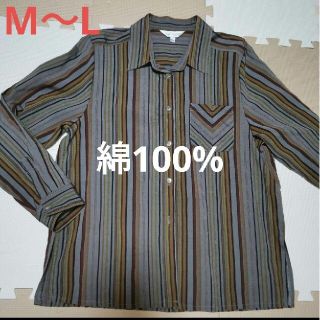 美品 長袖シャツ グレー ストライプシャツ 秋服 Ｍサイズ Lサイズ(シャツ/ブラウス(長袖/七分))