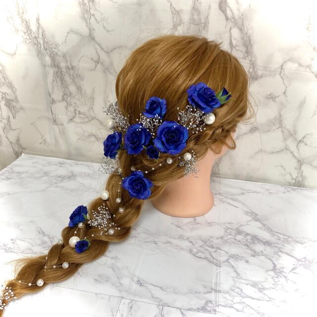 髪飾り 結婚式 成人式 ヘッドドレス 青薔薇 レディースのヘアアクセサリー(ヘアピン)の商品写真