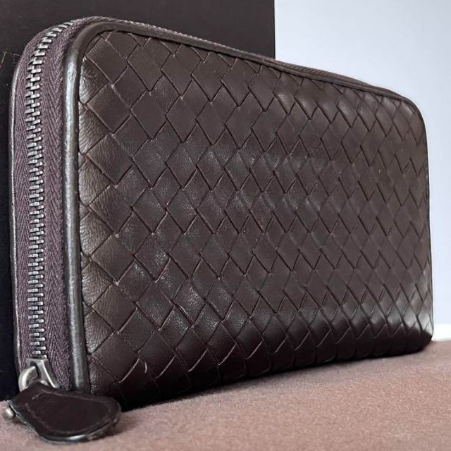 【美品】BottegaVeneta ラウンド　長財布　イントレチャート　茶色