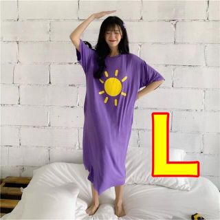 ワンピースパジャマ パープル 太陽 L パジャマ 部屋着 半袖 夏 韓国 とろみ(ルームウェア)