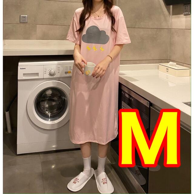 ワンピースパジャマ ピンク 雷 パジャマ 部屋着 半袖 夏 韓国 とろみ M レディースのルームウェア/パジャマ(ルームウェア)の商品写真