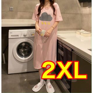 ワンピースパジャマ ピンク 雷 2XL パジャマ 部屋着 半袖 夏 韓国 とろみ(ルームウェア)