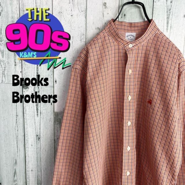 90's ブルックスブラザーズ ロゴ刺繍 ストライプノーカラーシャツ
