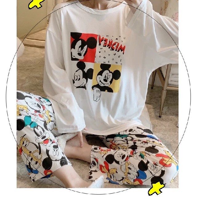 ミッキーマウスパジャマ 上下セット 長袖 ルームウェア 秋服セットアップ部屋着 レディースのルームウェア/パジャマ(ルームウェア)の商品写真