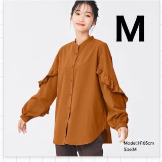 ジーユー(GU)のM ブラウン　ラッフルスリーブブラウス　新品 ユニクロ　H&M ZARA(シャツ/ブラウス(長袖/七分))