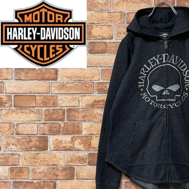 ハーレーダビッドソン♤刺繍ビッグロゴ　フルジップ　パーカー美品 ハーレーダビッドソン パーカー スウェット ビッグロゴ グレー