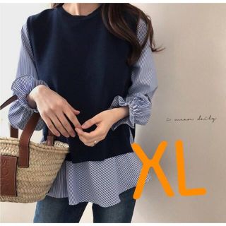 ブラウス ニット 2点セット トップス 人気 新品 長袖 ブルー×ネイビー XL(シャツ/ブラウス(長袖/七分))