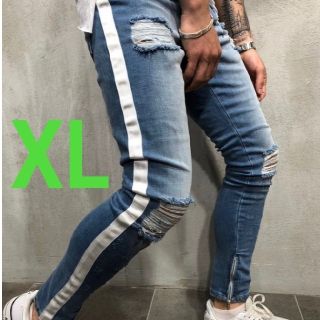 ラインパンツ ネイビーブルー XL 青 紺 ダメージ デニム ジーンズ メンズ(ワークパンツ/カーゴパンツ)