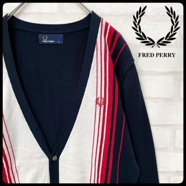 FRED PERRY カーディガン ニット 長袖 M 紺 赤 白 F3149