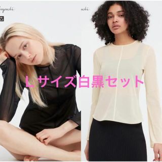 ユニクロ(UNIQLO)のシアークルーネックＴシャツ(Ｌサイズ白黒セット)(カットソー(長袖/七分))