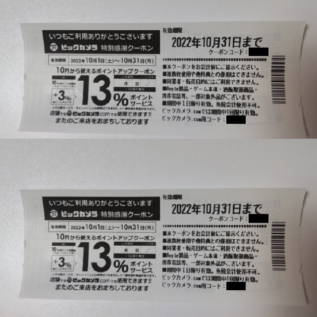 ビックカメラ/+3%ポイントアップクーポン2枚/有効期限2022年10月31日 その他のその他(その他)の商品写真