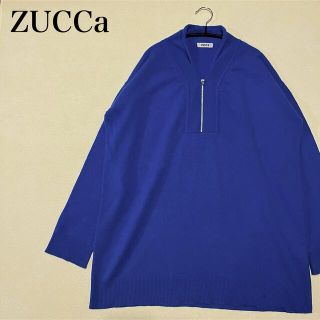 ズッカ(ZUCCa)のZUCCa ズッカ　ハーフジップニップルオーバー　Vネック　ウール　青　M(ニット/セーター)