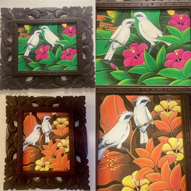 2セット 絵画 鳥 花 ボタニカル 南国 バリ 額縁 木彫り バリ雑貨 2セット 絵画 鳥 花 ボタニカル 南国 バリ 額縁 木彫り バリ雑貨