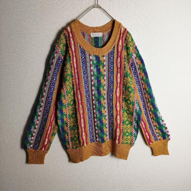 ニット/セーター 3Dニットセーター 総柄 マスタードカラー 緑 紫 