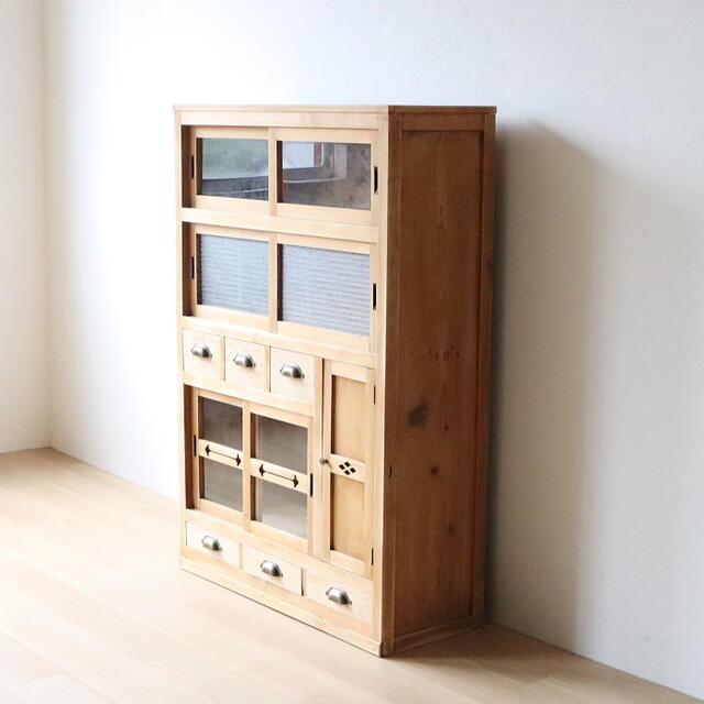 高質 アンティーク ヒノキ材 水屋箪笥 食器棚 木味 古家具 無塗装