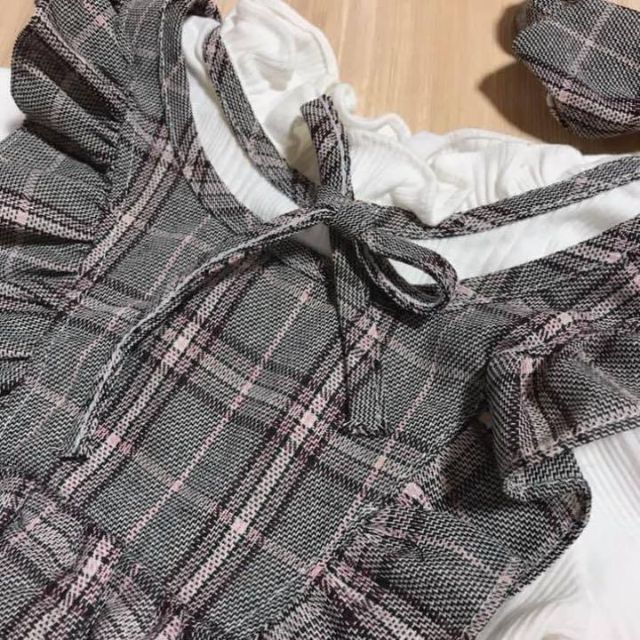 在庫処分⭐️ キッズ チェック ショルダー フリル ドッキング 90 ワンピース キッズ/ベビー/マタニティのキッズ服女の子用(90cm~)(ワンピース)の商品写真