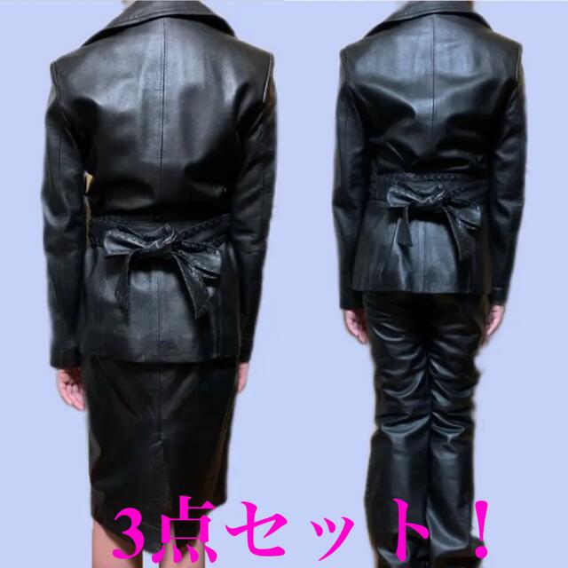 P&D 本革 編み上げデザイン レザージャケット スカート パンツ 3点