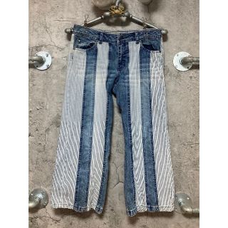 平成 ギャル Y2K クロップド丈 デニム ジーンズ ストライプ 厚底 縦縞 ...