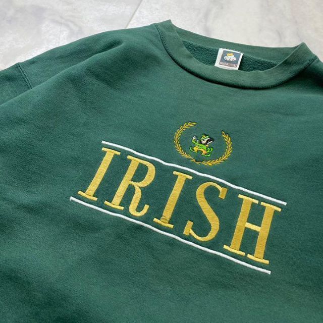 ビンテージカレッジスウェット 90s IRISH 緑 刺繍 USA 大きいサイズ