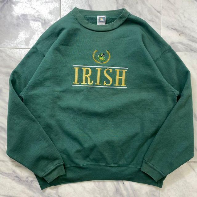 ビンテージカレッジスウェット 90s IRISH 緑 刺繍 USA 大きいサイズ 1