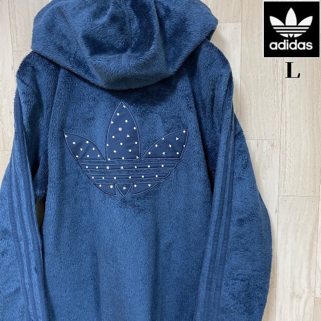 adidas アディダス ネイビー ボアパーカー 人気サイズ デカロゴ L