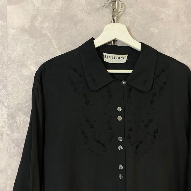 ビンテージ レトロシルクシャツ 80s 刺繍デザイン 黒 ブラック モード