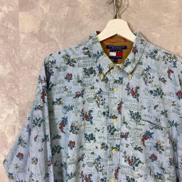 トミーヒルフィガー 90s 総柄デザインシャツ 青 花柄 果物柄