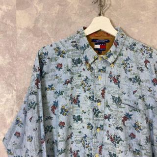 トミーヒルフィガー(TOMMY HILFIGER)のトミーヒルフィガー 90s 総柄デザインシャツ 青 花柄 果物柄(シャツ)