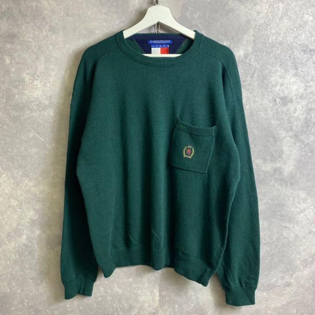 TOMMY HILFIGER(トミーヒルフィガー)のトミーヒルフィガー 90s ワンポイントニット ウール 深緑 グリーン メンズのトップス(スウェット)の商品写真