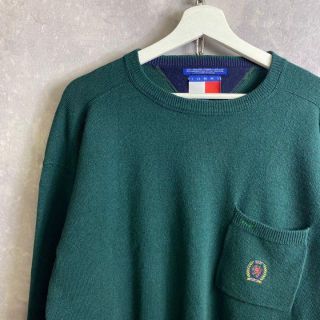 トミーヒルフィガー(TOMMY HILFIGER)のトミーヒルフィガー 90s ワンポイントニット ウール 深緑 グリーン(スウェット)