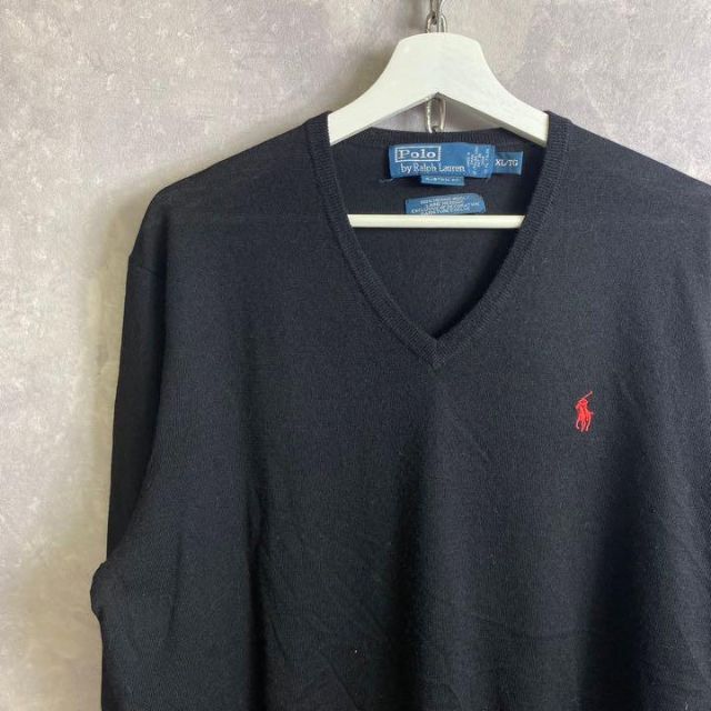 Ralph Lauren(ラルフローレン)のレア ラルフローレン 90s ウールセーター 薄手 黒 ブラック ワンポイント メンズのトップス(ニット/セーター)の商品写真